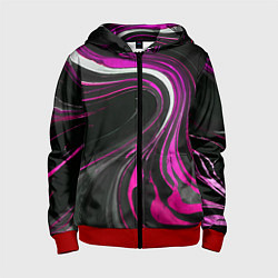 Толстовка на молнии детская Волнистые бело-розовые линии на чёрном фоне, цвет: 3D-красный