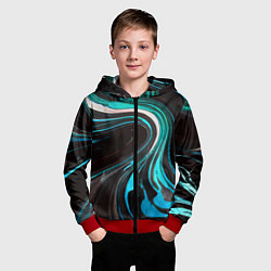 Толстовка на молнии детская Волнистые бело-голубые линии на чёрном фоне, цвет: 3D-красный — фото 2