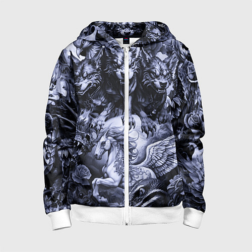 Детская толстовка на молнии Мифические существа с стиле тату / 3D-Белый – фото 1