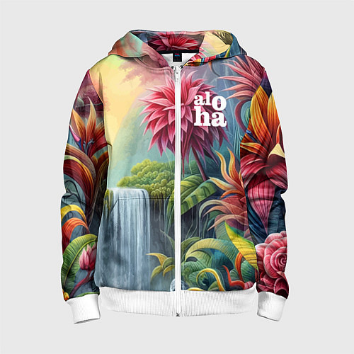 Детская толстовка на молнии Гавайские тропические цветы - алоха / 3D-Белый – фото 1