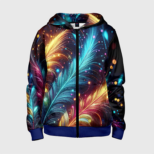 Детская толстовка на молнии Неоновые разноцветные перья / 3D-Синий – фото 1
