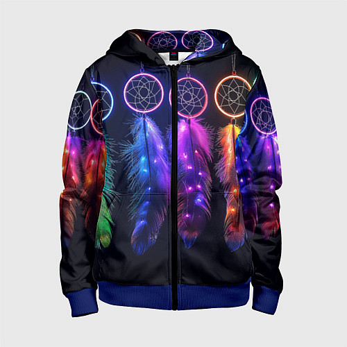 Детская толстовка на молнии Ловцы снов - свечение перьев / 3D-Синий – фото 1