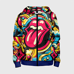 Толстовка на молнии детская Rolling Stones logo - pop art pattern, цвет: 3D-синий