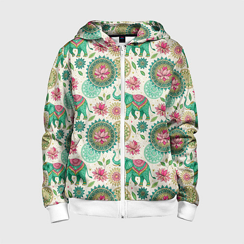 Детская толстовка на молнии Слоны и мандалы паттерн в индийской стилистике / 3D-Белый – фото 1
