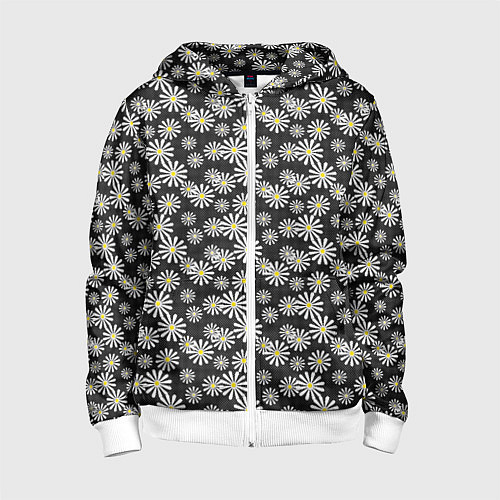 Детская толстовка на молнии Белые цветы ромашки на черном в мелкий горошек / 3D-Белый – фото 1
