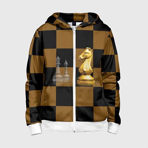Детская толстовка на молнии Шахматные фигуры на коричнево-черной доске / 3D-Белый – фото 1