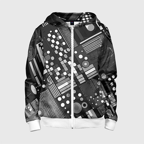 Детская толстовка на молнии Тёмный серый абстракция квадраты кружочки / 3D-Белый – фото 1
