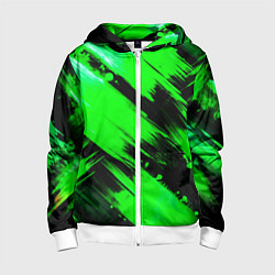 Толстовка на молнии детская Зеленые мазки краски на черном, цвет: 3D-белый