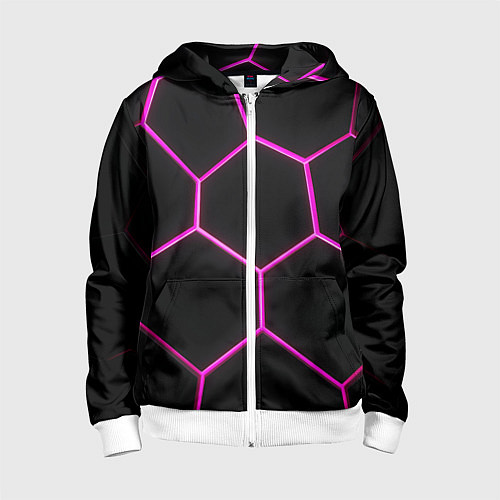 Детская толстовка на молнии Черные соты с фиолетовым неоном / 3D-Белый – фото 1