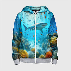 Толстовка на молнии детская Белая акула в коралловом рифе, цвет: 3D-меланж