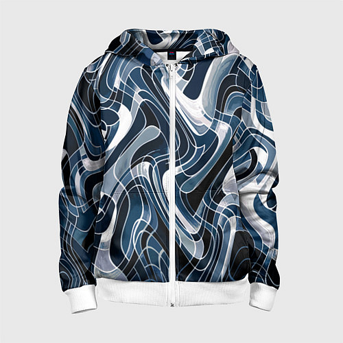 Детская толстовка на молнии Тёмно-синий искажённая абстракция / 3D-Белый – фото 1