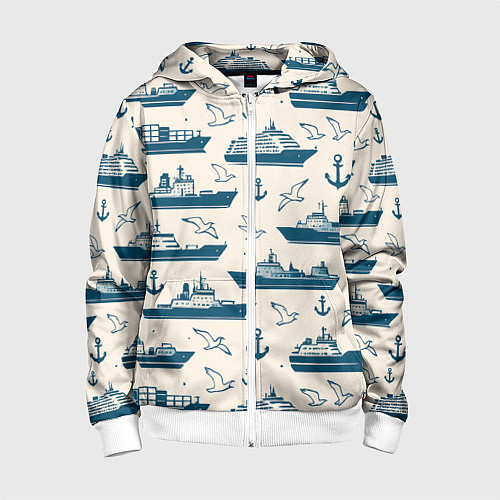 Детская толстовка на молнии Морской паттерн из чаек, якорей и кораблей / 3D-Белый – фото 1