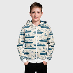 Толстовка на молнии детская Морской паттерн из чаек, якорей и кораблей, цвет: 3D-белый — фото 2