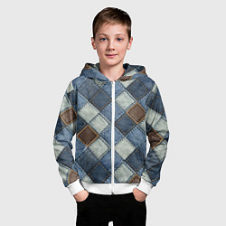 Толстовка на молнии детская Джинсовый пэчворк ромбовый узор, цвет: 3D-белый — фото 2