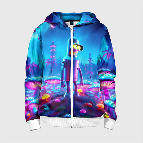 Детская толстовка на молнии Бендер на сказочной неоновой грибной планете - ней / 3D-Белый – фото 1