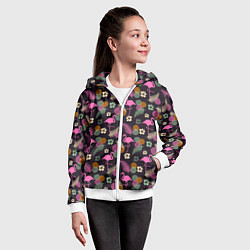 Толстовка на молнии детская Фламинго и листья на темно-синем, цвет: 3D-белый — фото 2