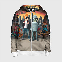 Толстовка на молнии детская Фрай и Бендер на фоне стены с граффити, цвет: 3D-белый