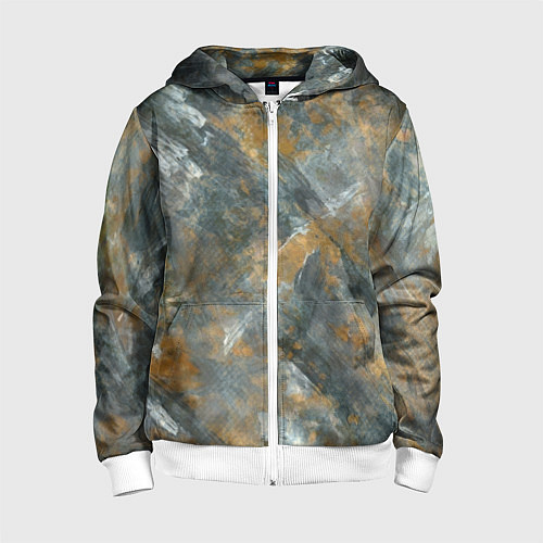 Детская толстовка на молнии Абстракция - strokes of gold paint on a gray backg / 3D-Белый – фото 1
