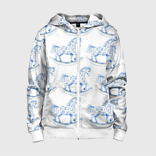 Детская толстовка на молнии Лошадка качалка гжель / 3D-Белый – фото 1