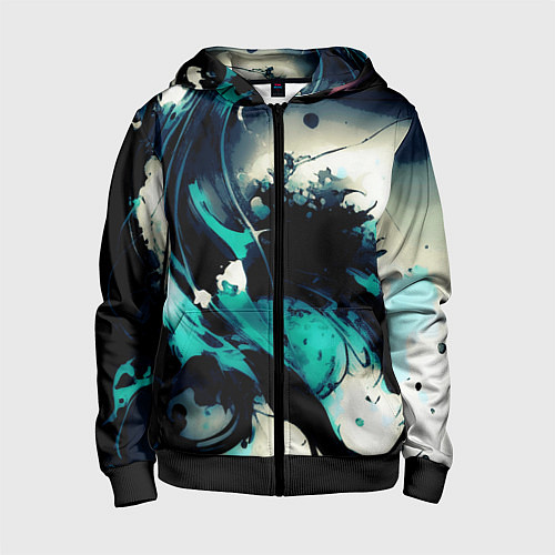 Детская толстовка на молнии Чёрный с бирюзовым абстракция тёмные краски / 3D-Черный – фото 1
