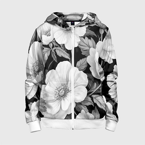 Детская толстовка на молнии Чёрно-серый цветочный паттерн / 3D-Белый – фото 1