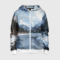 Толстовка на молнии детская Снежный горный пейзаж с елями и рекой, цвет: 3D-белый