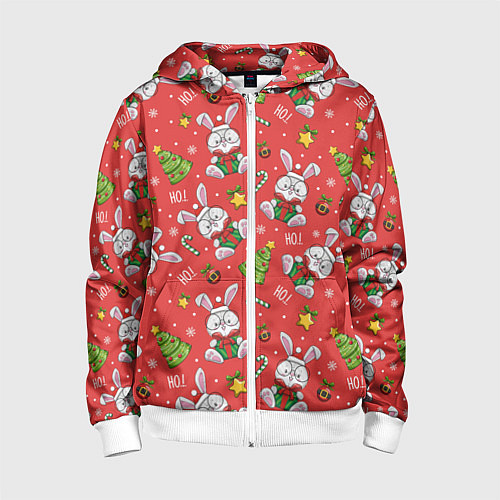 Детская толстовка на молнии Новогодний паттерн с зайчиком / 3D-Белый – фото 1