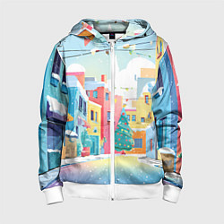 Толстовка на молнии детская Разноцветный новогодний дворик, цвет: 3D-белый