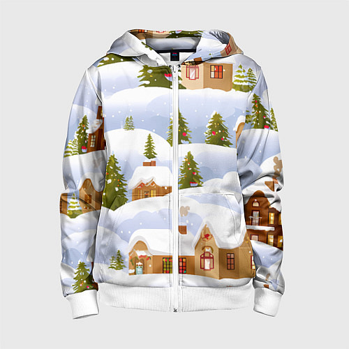 Детская толстовка на молнии Новогодние домики и елочки / 3D-Белый – фото 1