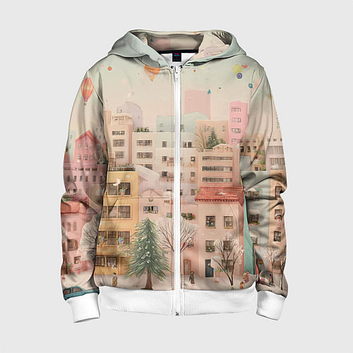 Детская толстовка на молнии Объемный новогодний город / 3D-Белый – фото 1