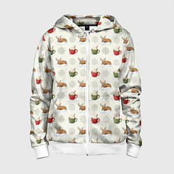 Толстовка на молнии детская Зимний паттерн с оленем и чашками какао, цвет: 3D-белый