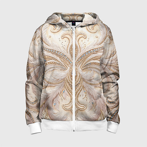 Детская толстовка на молнии Перламутровый орнамент с перьями / 3D-Белый – фото 1