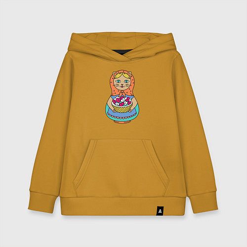 Детская толстовка-худи Кошка-матрешка садовод / Горчичный – фото 1