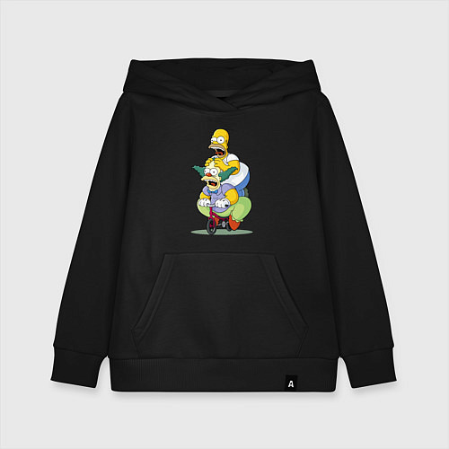 Детская толстовка-худи Гомер Симпсон и Клоун Красти едут на детском велос / Черный – фото 1