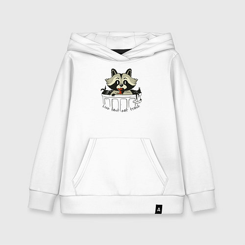 Детская толстовка-худи Живи быстро ешь мусор - енот в баке / Белый – фото 1