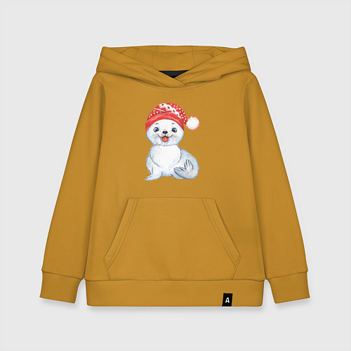 Детская толстовка-худи Новогодний тюлень / Горчичный – фото 1