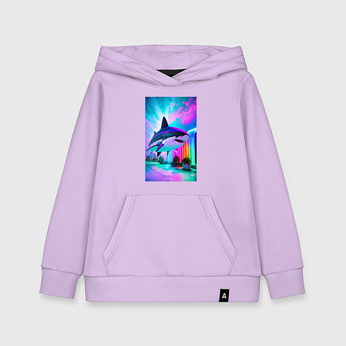Детская толстовка-худи Неоновая акула - нейросеть / Лаванда – фото 1
