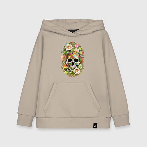 Детская толстовка-худи Череп окружён цветами / Миндальный – фото 1