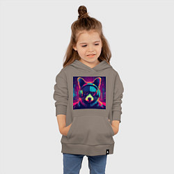 Толстовка детская хлопковая Неоновый енот на фоне киберпанк-города, цвет: утренний латте — фото 2