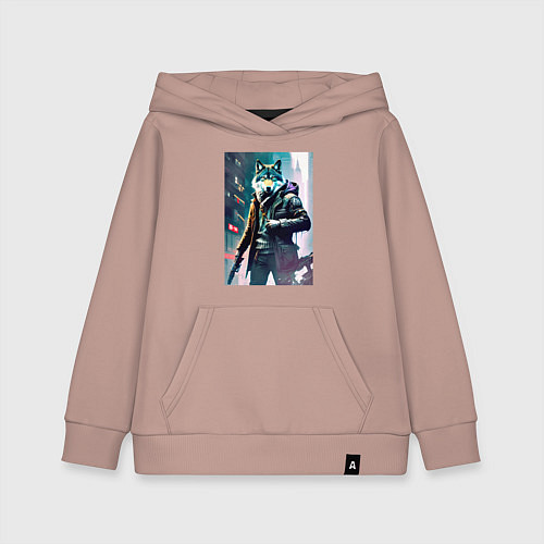 Детская толстовка-худи Крутой волчара - киберпанк - нейросеть / Пыльно-розовый – фото 1