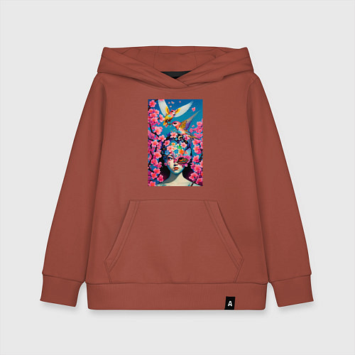 Детская толстовка-худи Японская девушка с птицами и цветущей сакурой / Кирпичный – фото 1