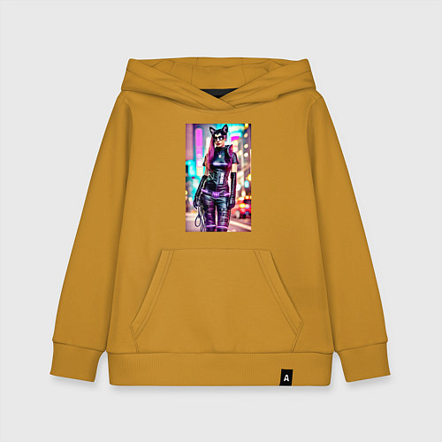Детская толстовка-худи Cyberpunk - cat girl - neural network / Горчичный – фото 1