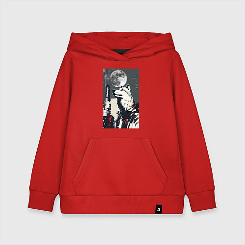 Детская толстовка-худи Волк на фоне луны - мегаполис - нейросеть / Красный – фото 1