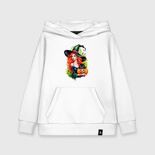 Детская толстовка-худи Рыжая ведьма с тыквой и черным котом / Белый – фото 1