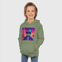 Толстовка детская хлопковая Скелет в наушниках в неоновом свете, цвет: авокадо — фото 2