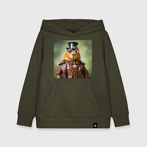 Детская толстовка-худи Мем капибара в очках в стиле стимпанк / Хаки – фото 1