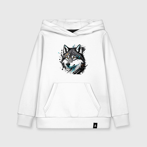 Детская толстовка-худи Портрет волка с брызгами краски / Белый – фото 1