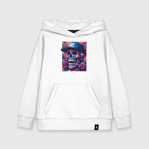 Детская толстовка-худи Череп в бейсболке - граффити / Белый – фото 1