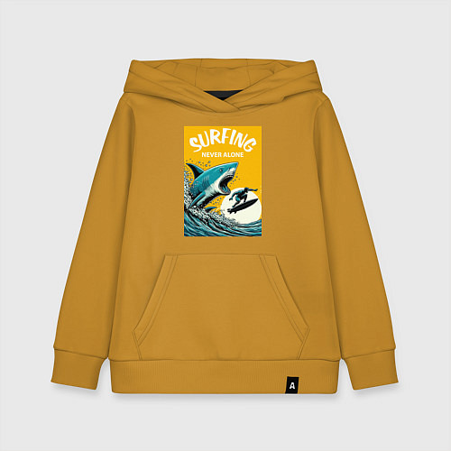 Детская толстовка-худи Акула и серфер - нейросеть / Горчичный – фото 1
