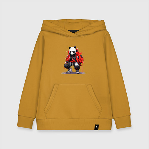 Детская толстовка-худи Модная панда в красной куртке / Горчичный – фото 1